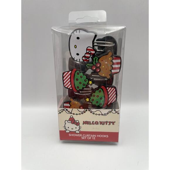 Hello Kitty Christmas Shower Curtain Hooks Red Green Trees Cupcakes Set Of 12 - Picture 5 of 8